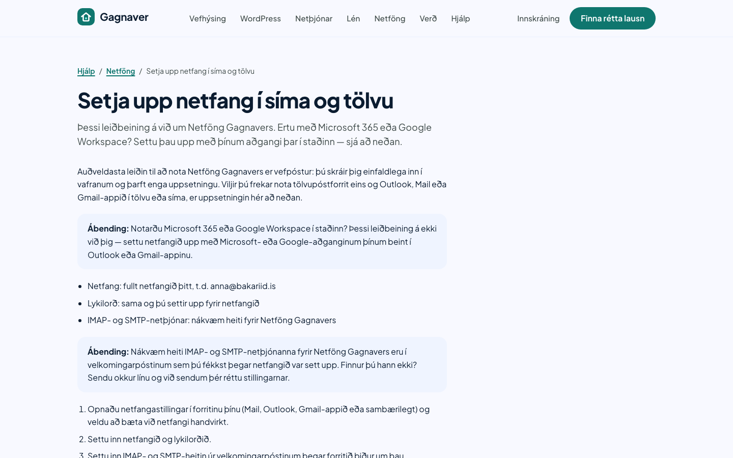 Hjálpargrein Gagnavers um að setja upp netfang í síma og tölvu, með ábendingum í ljósbláum römmum.