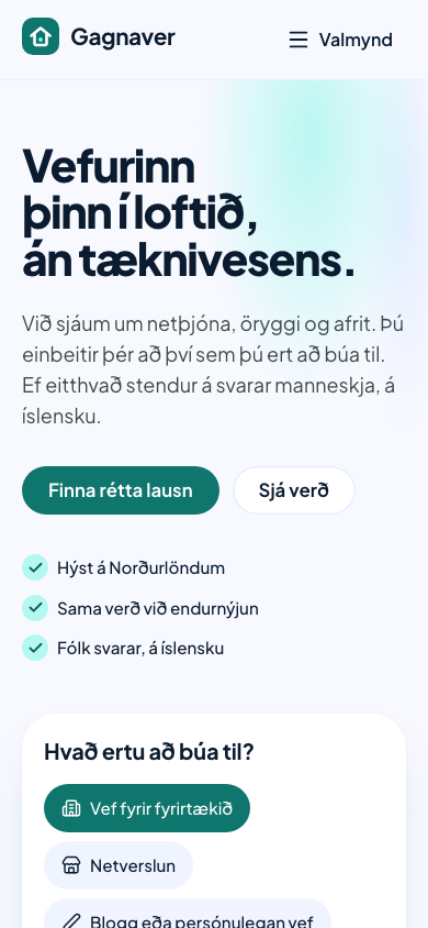 Forsíða Gagnavers í farsíma: fyrirsögn, tveir hnappar og þrjú loforð með hakmerkjum.