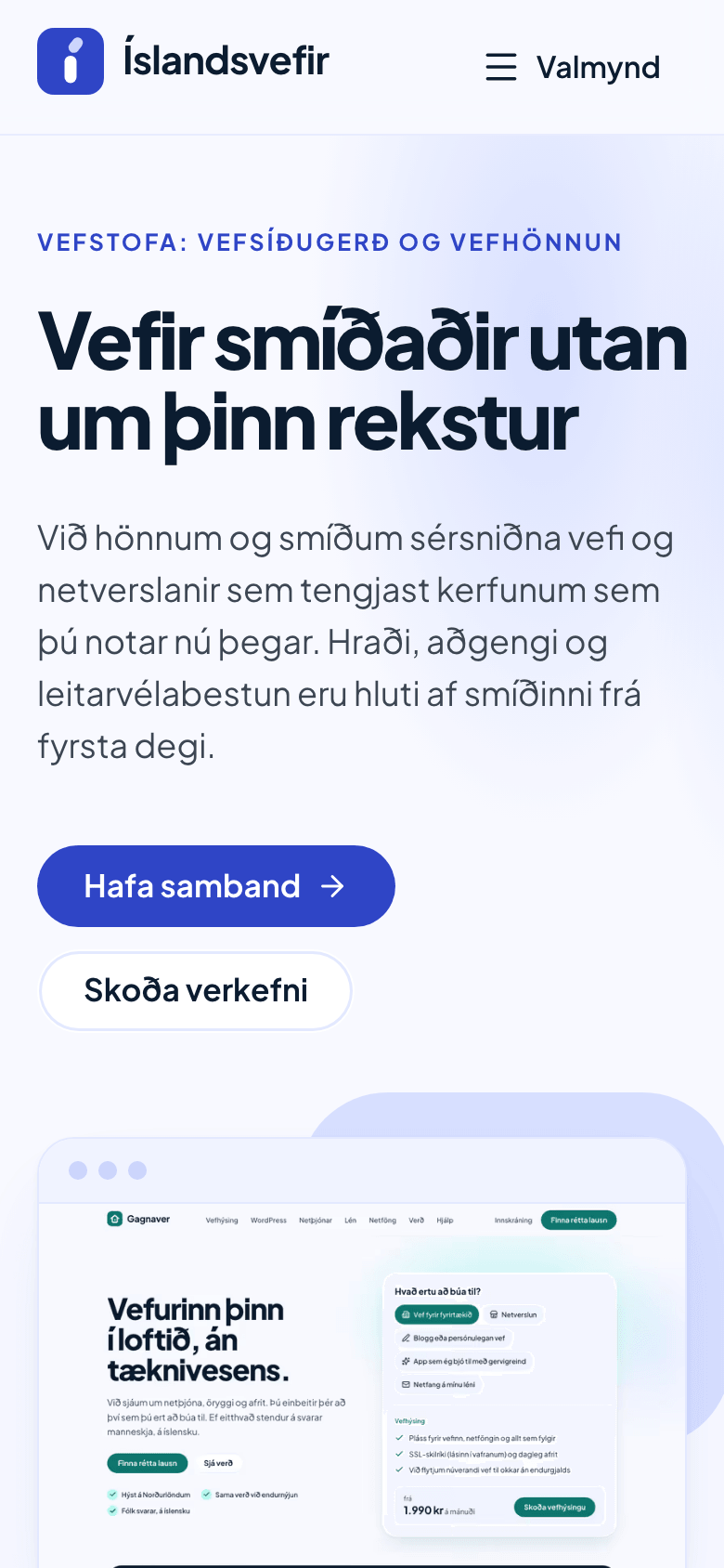 Forsíða nýja vefsins á 390 pixla skjá: fyrirsögnin „Vefir smíðaðir utan um þinn rekstur“, inngangur og tveir hnappar.