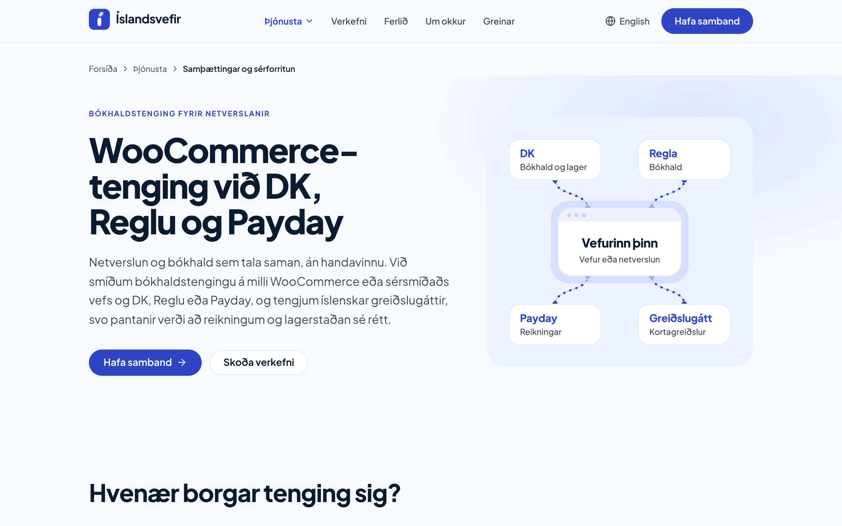 Þjónustusíða Íslandsvefja um samþættingar: fyrirsögnin „WooCommerce-tenging við DK, Reglu og Payday“, inngangur og skýringarmynd þar sem vefurinn tengist DK, Reglu, Payday og greiðslugátt.