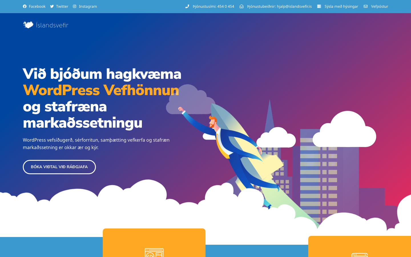Forsíða gamla vefs Íslandsvefja: fjólublár litaborði, teiknaður maður á eldflaug og fyrirsögnin „Við bjóðum hagkvæma WordPress vefhönnun og stafræna markaðssetningu“.