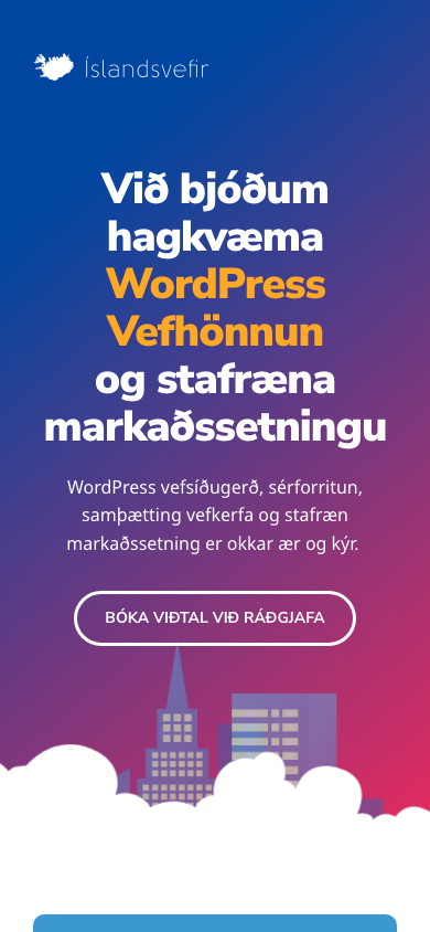 Forsíða gamla vefsins á 390 pixla skjá: blár og fjólublár litaborði, fyrirsögnin „Við bjóðum hagkvæma WordPress Vefhönnun og stafræna markaðssetningu“ og hnappurinn „Bóka viðtal við ráðgjafa“.